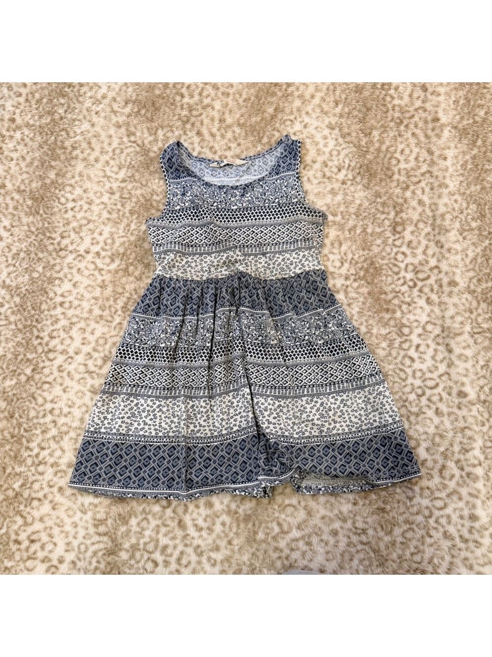 H&M Kids Grey White Boho Patterned Sleeveless Cotton Dress Size 7-8 Yrs 122/128‎